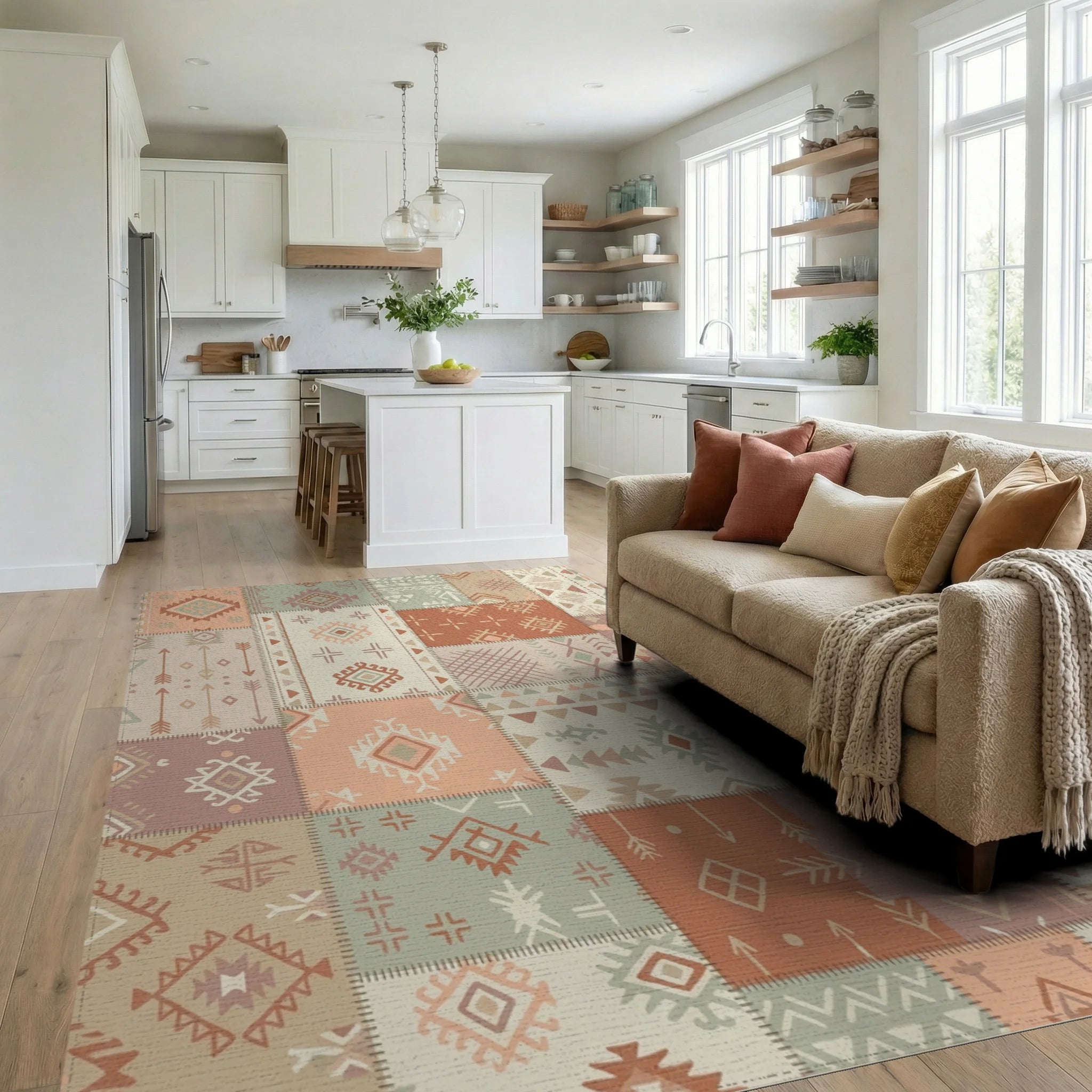 Patchwork Earthy Tone Tribal Medallion Rugs Rug Living Room View