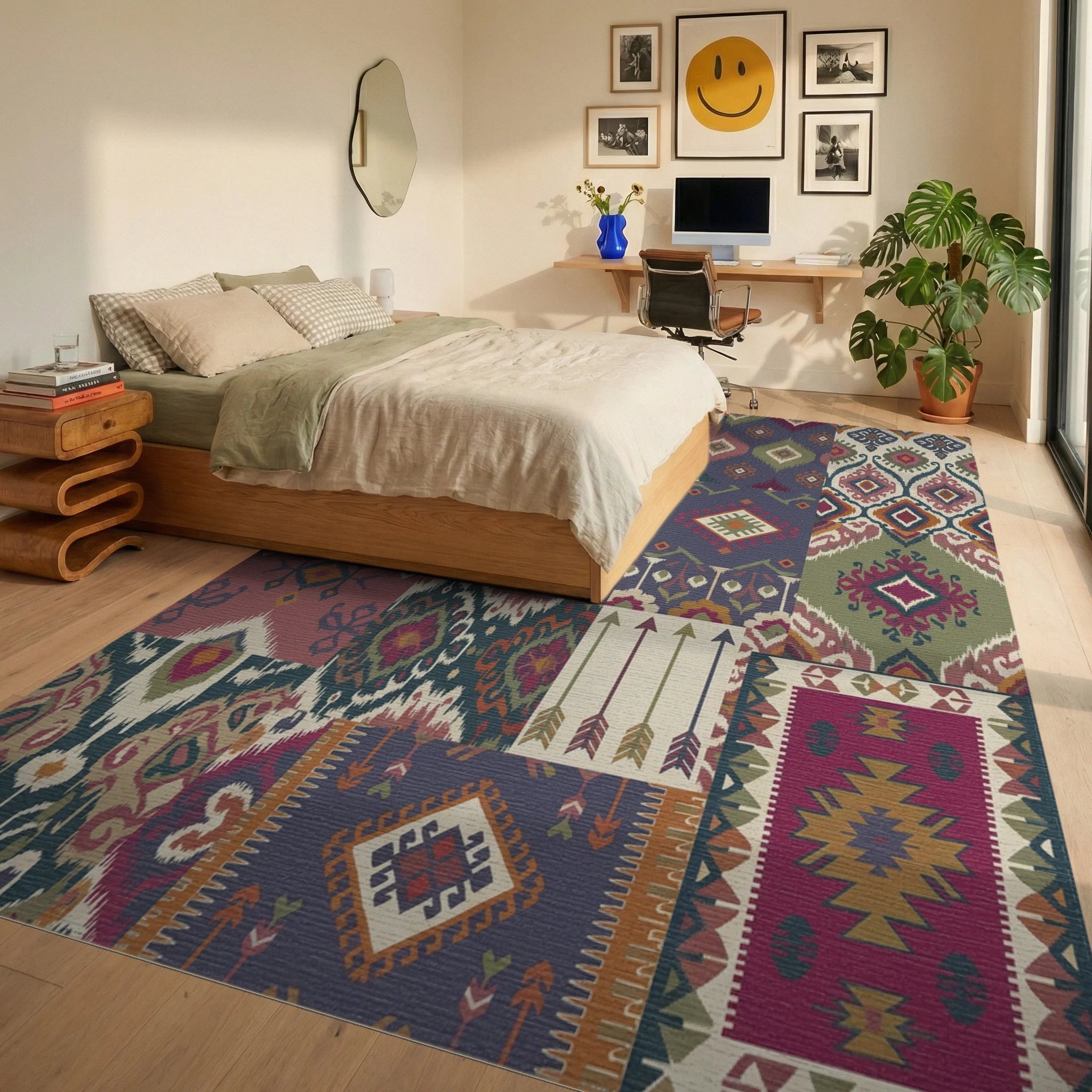 Patchwork Tribal Medallion Arrows Rug Bedroom View