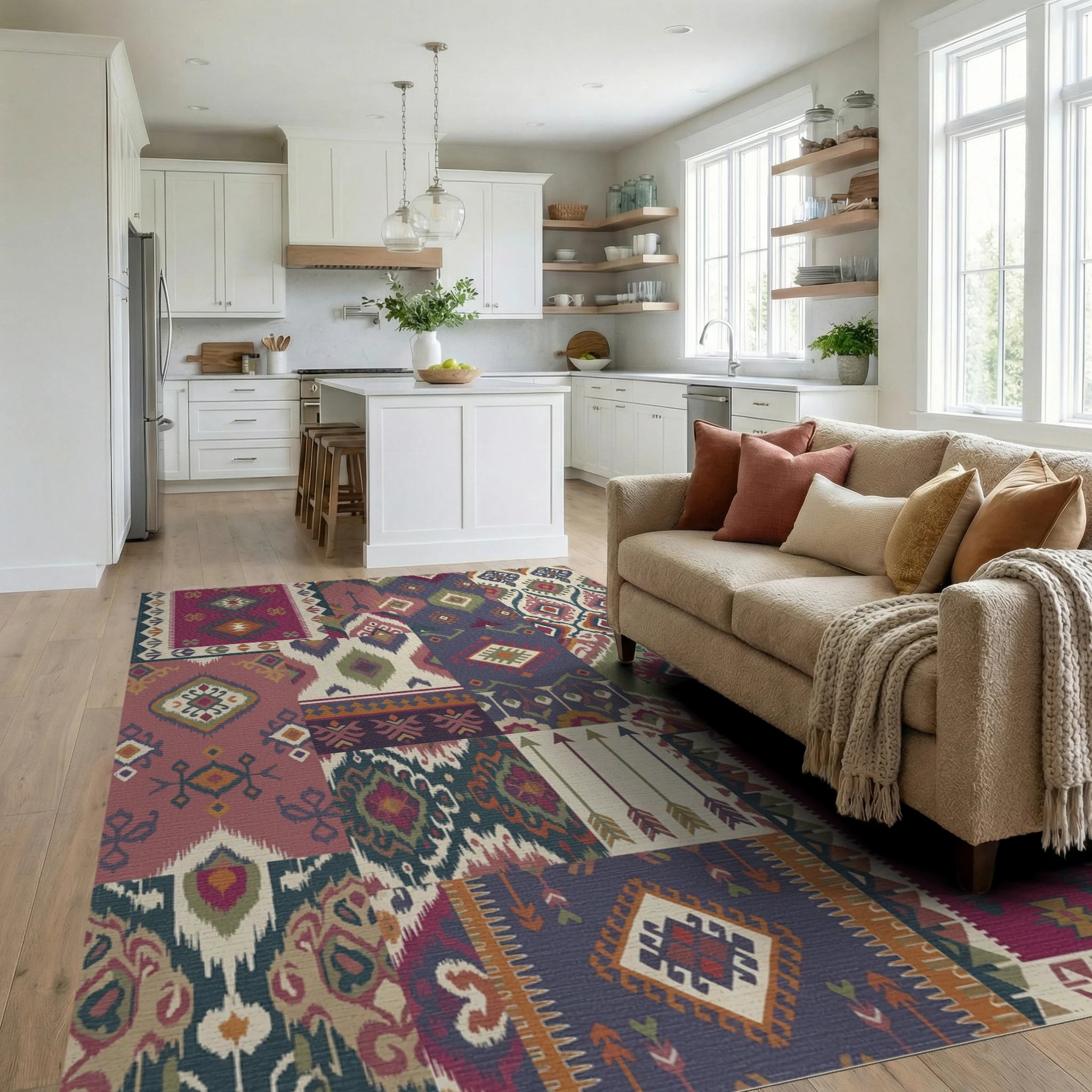 Patchwork Tribal Medallion Arrows Rug Living Room View