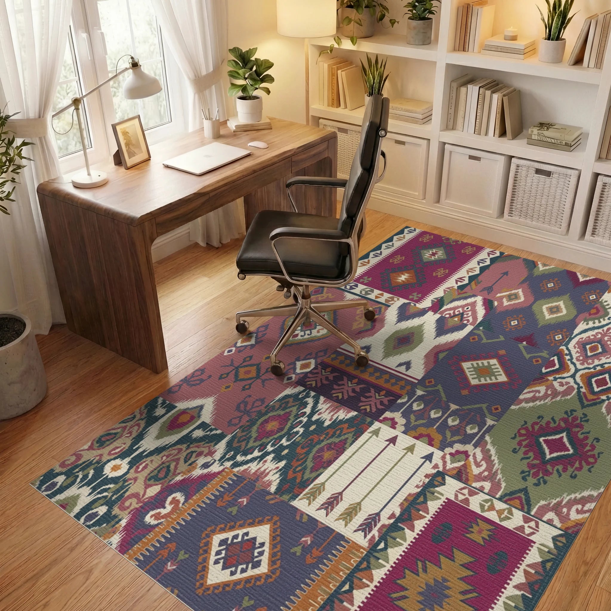 Patchwork Tribal Medallion Arrows Rug Office View