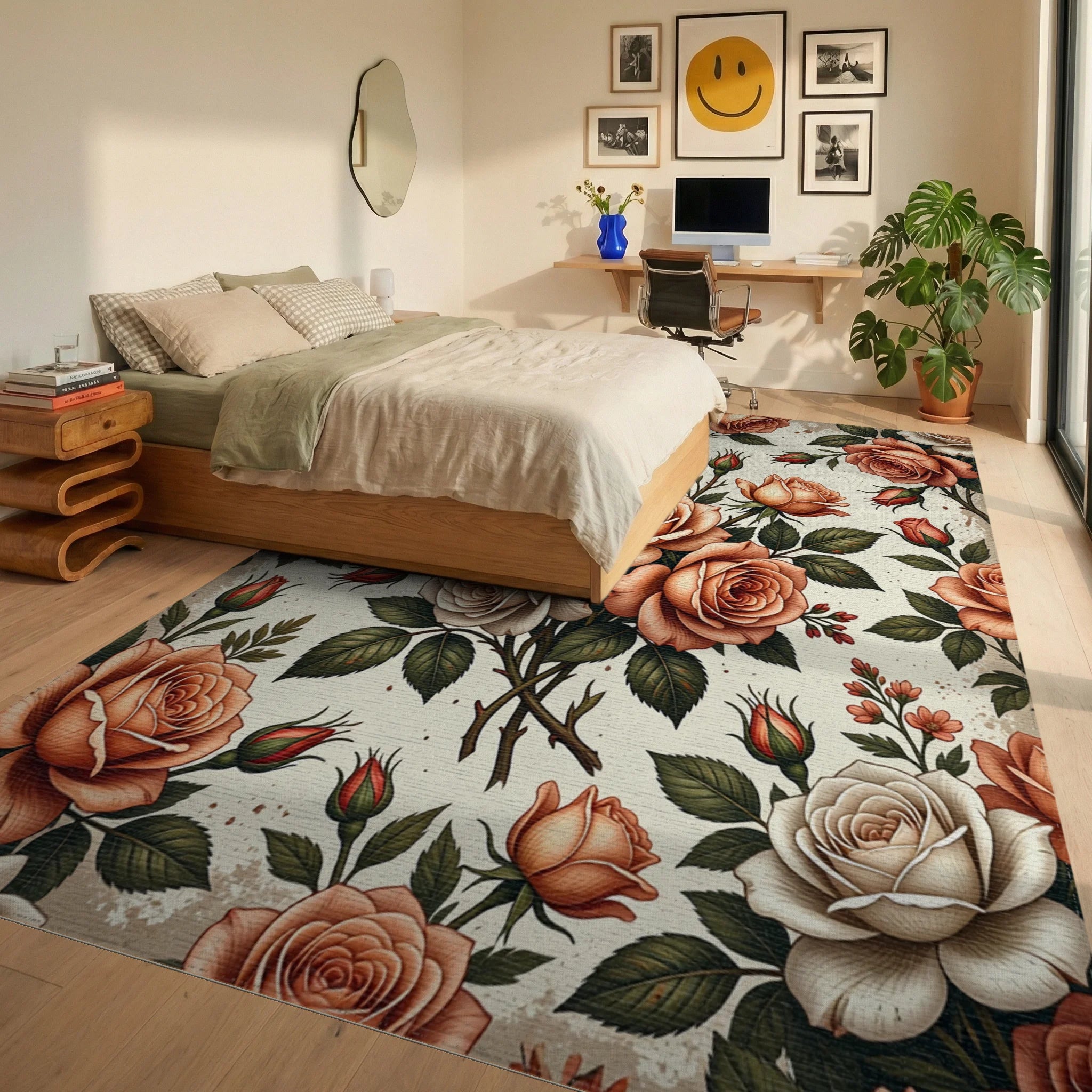 Peach Blush Pink Rose Bouquet Rug Bedroom View