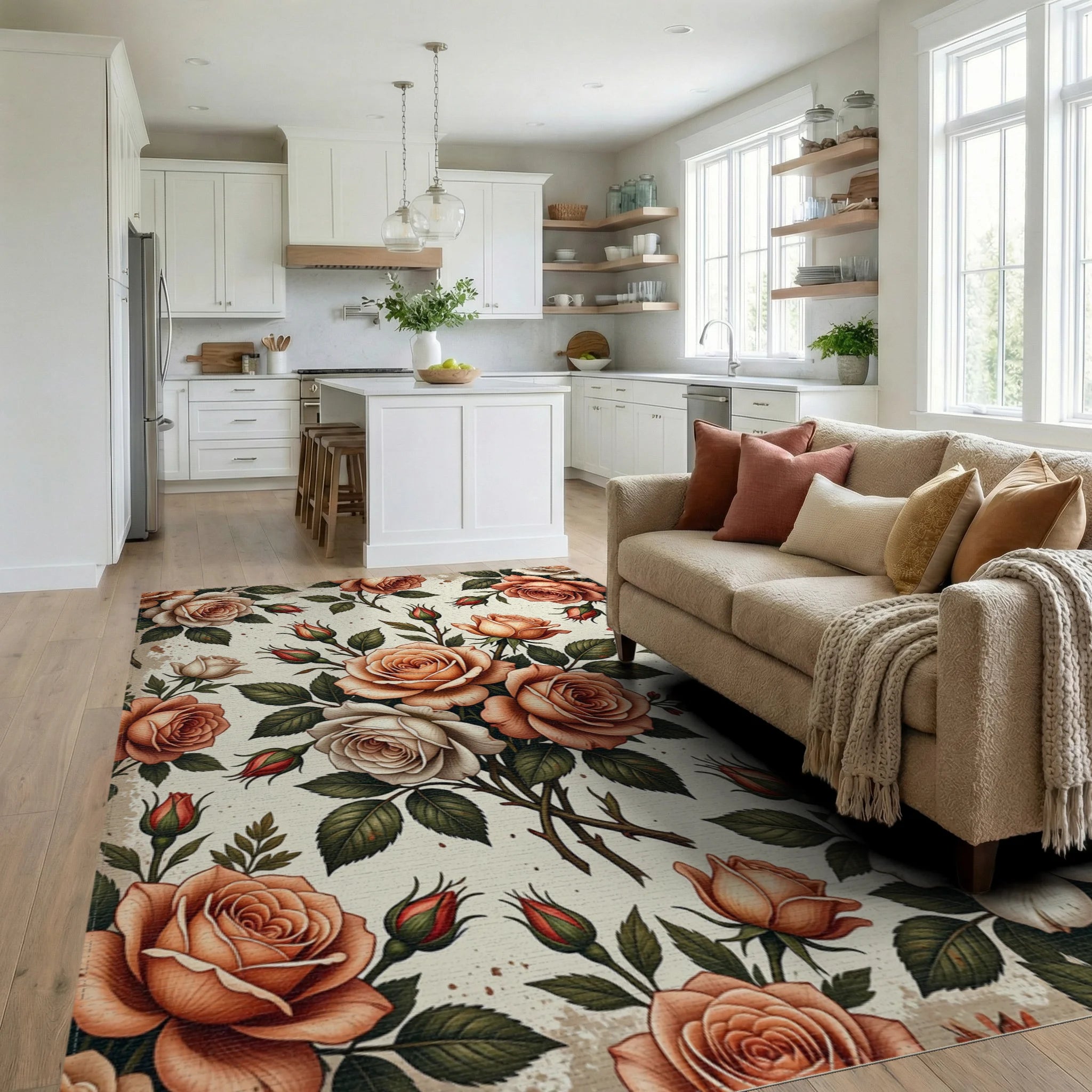 Peach Blush Pink Rose Bouquet Rug Living Room View