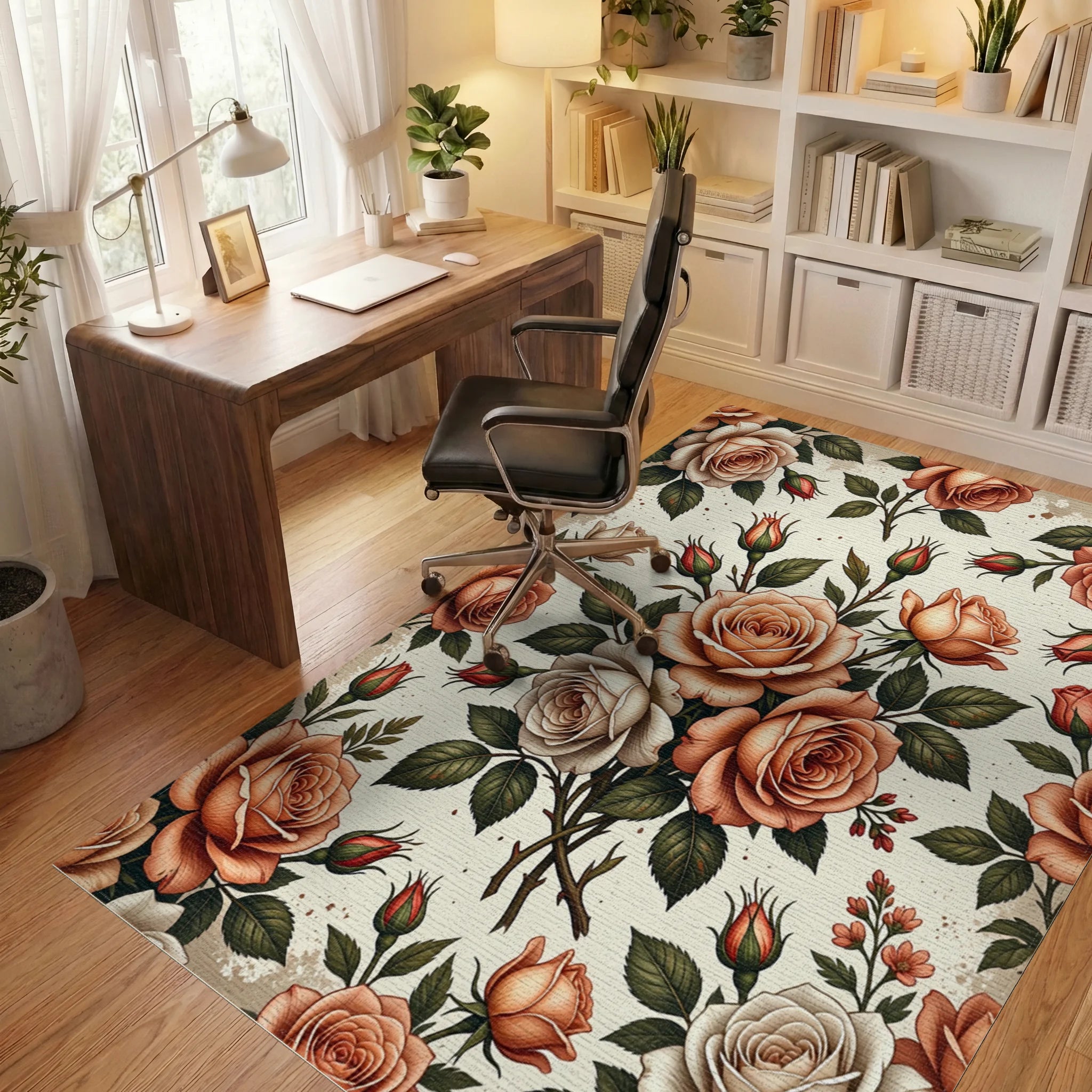 Peach Blush Pink Rose Bouquet Rug Office View