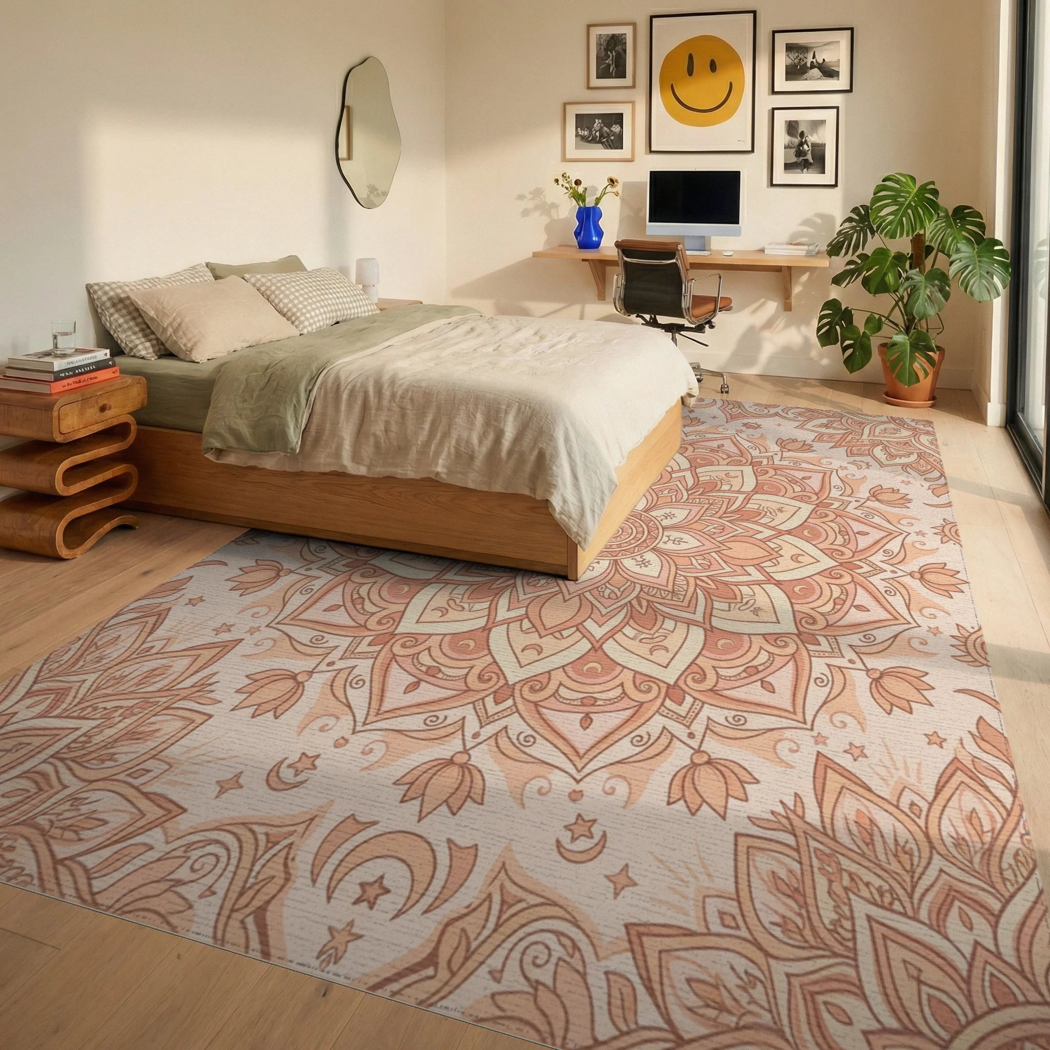 Peach Mandala Celestial Lunar Blossom Rug Bedroom View
