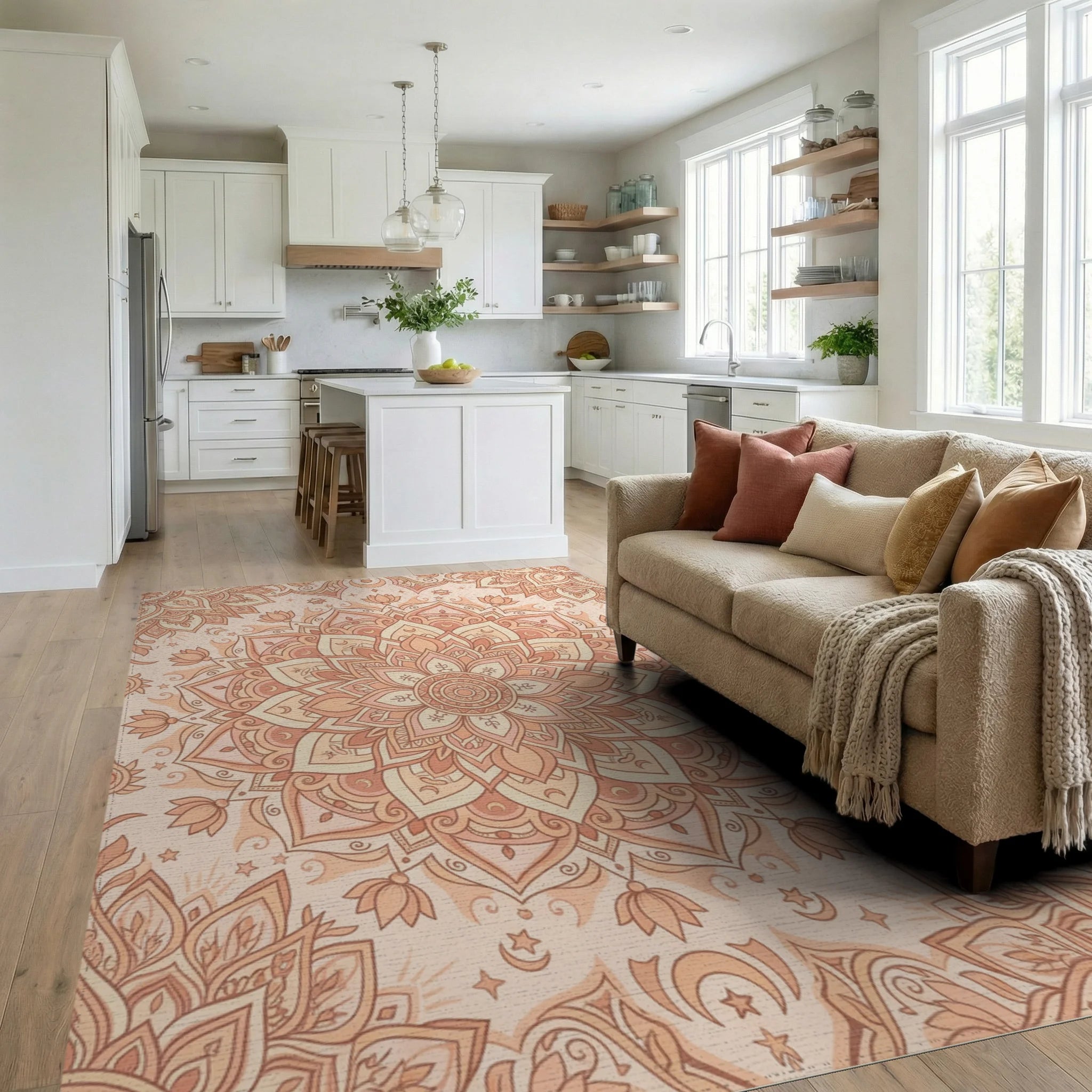 Peach Mandala Celestial Lunar Blossom Rug Living Room View