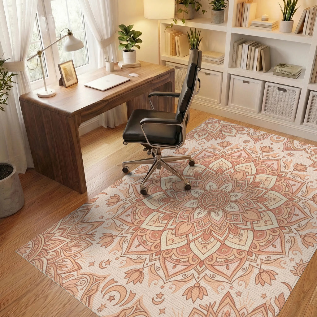 Peach Mandala Celestial Lunar Blossom Rug Office View