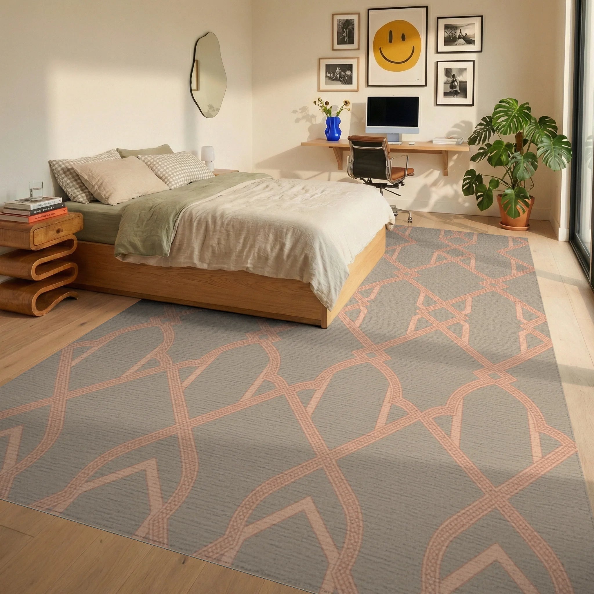 Peachy Pink Interlocking Geometric Lattice Rug Bedroom View