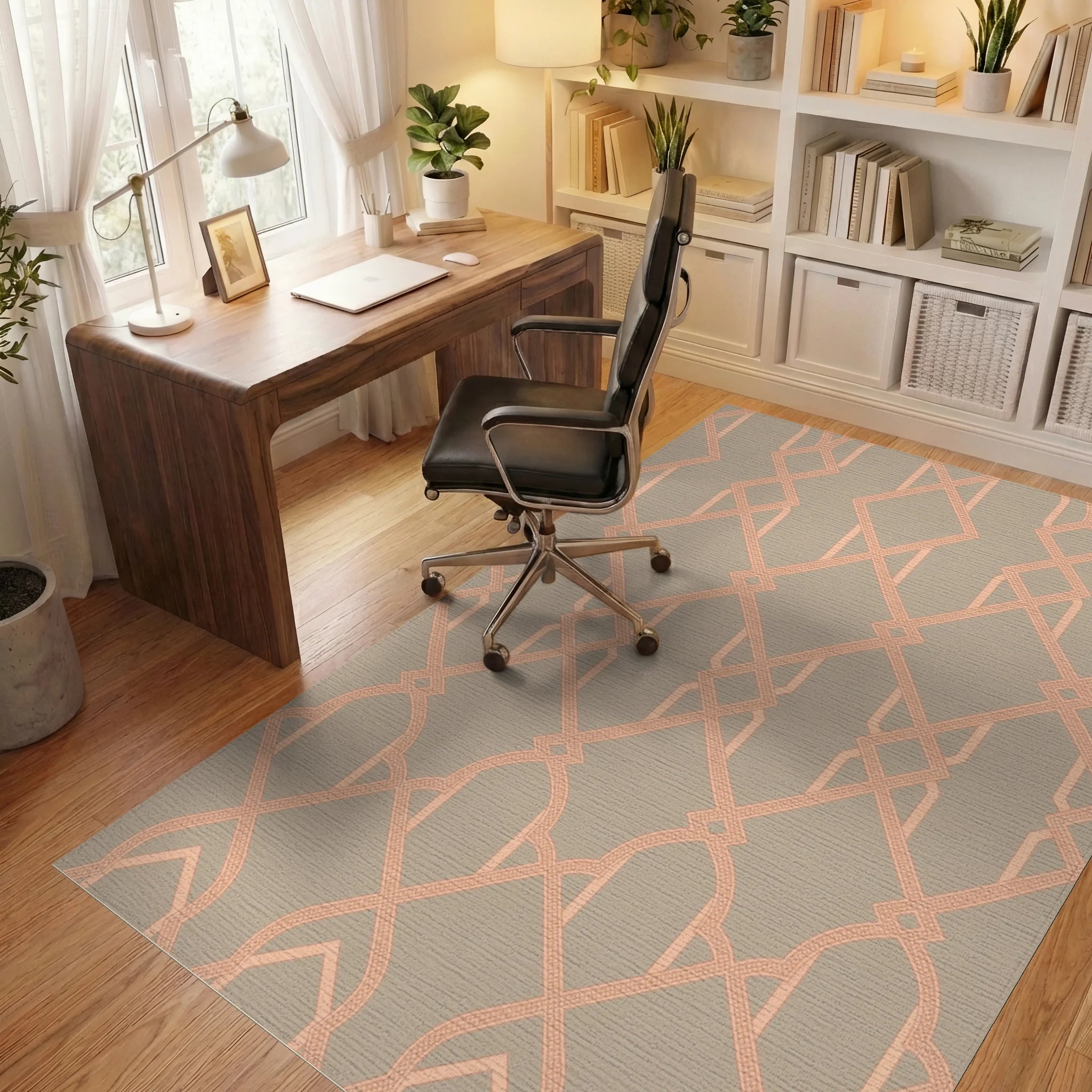 Peachy Pink Interlocking Geometric Lattice Rug Office View