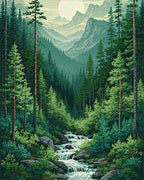Pine Forest Mountain River Sun Rug - Cutout View