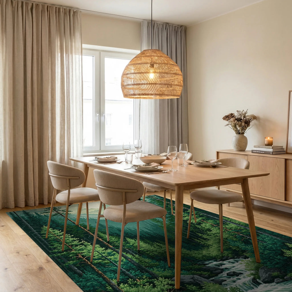 Pine Forest Mountain River Sun Rug - Dining Room View