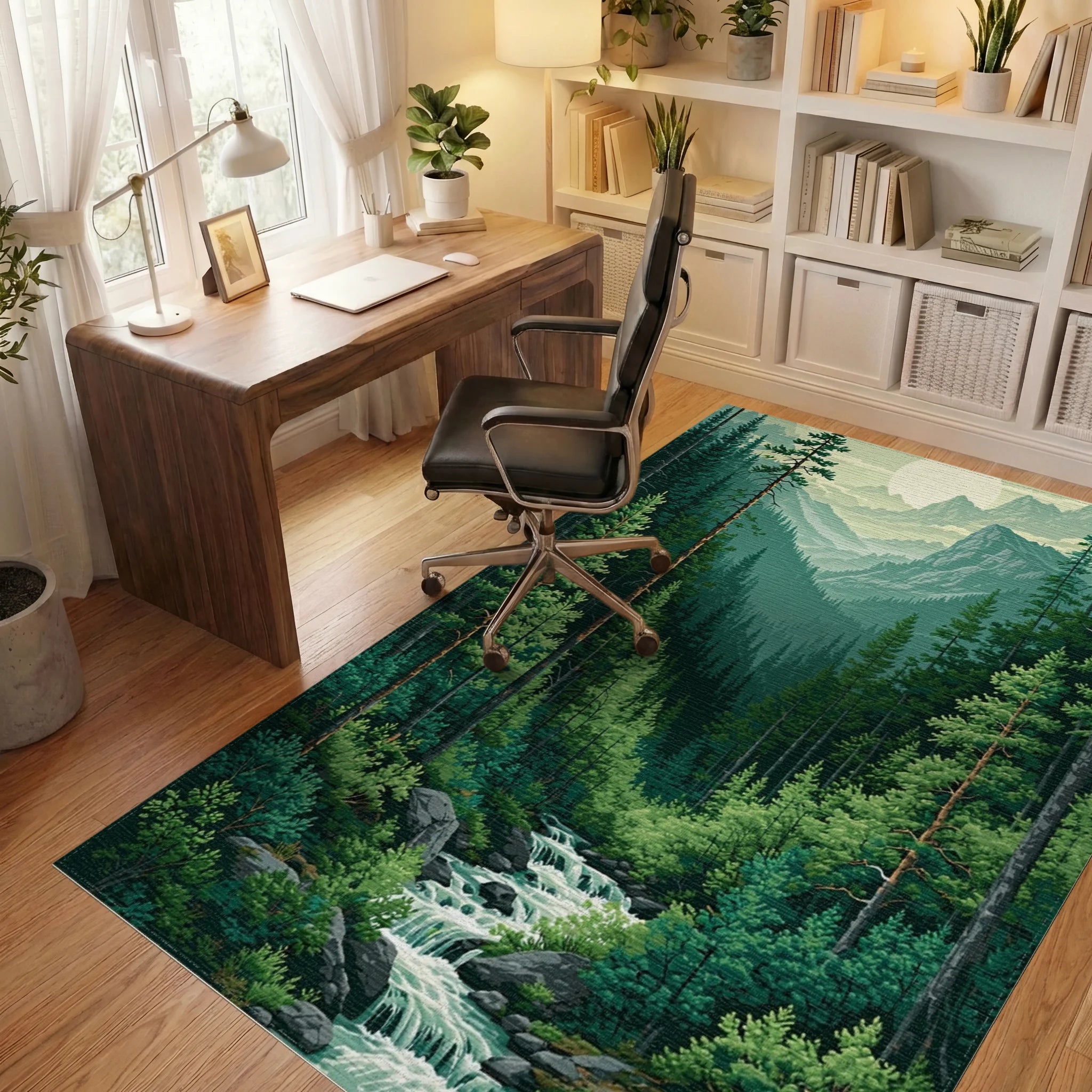 Pine Forest Mountain River Sun Rug - Office View