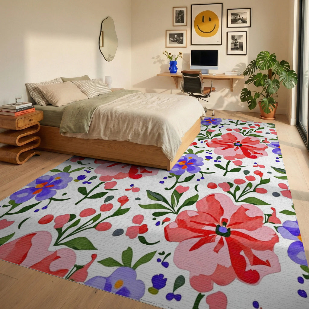 Pink And Purple Floral Pattern Rug Bedroom View