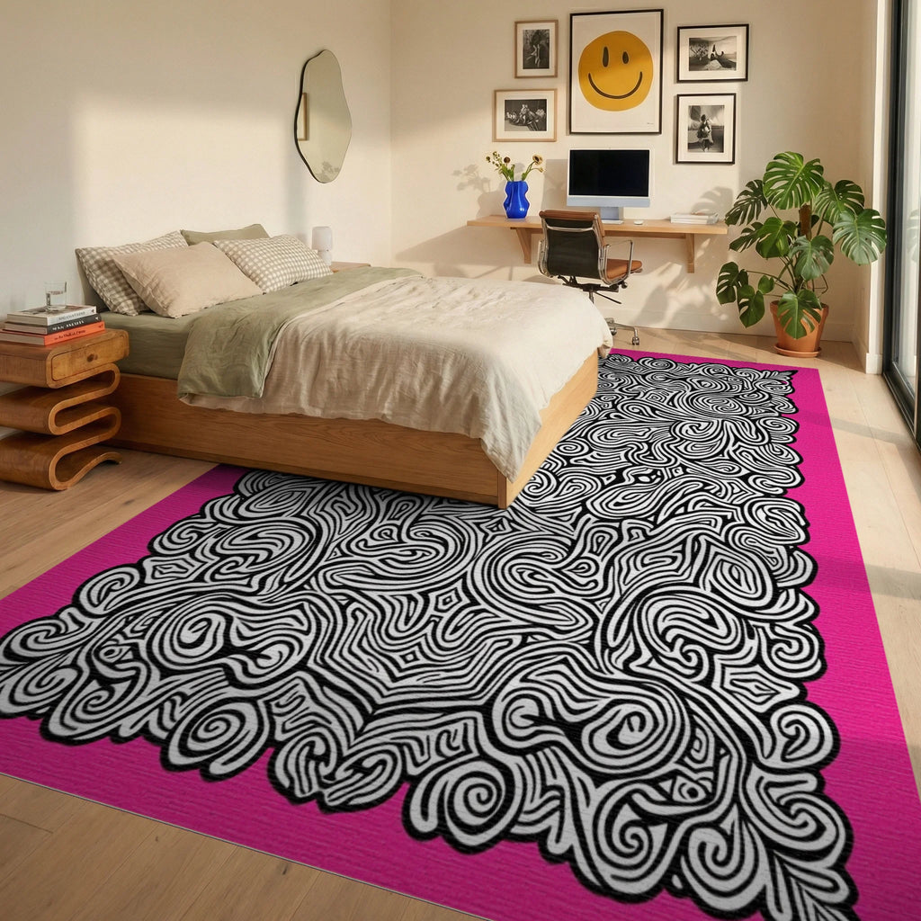 Pink Black Abstract Swirl Mandala Rug Bedroom View