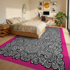 Pink Black Abstract Swirl Mandala Rug Bedroom View