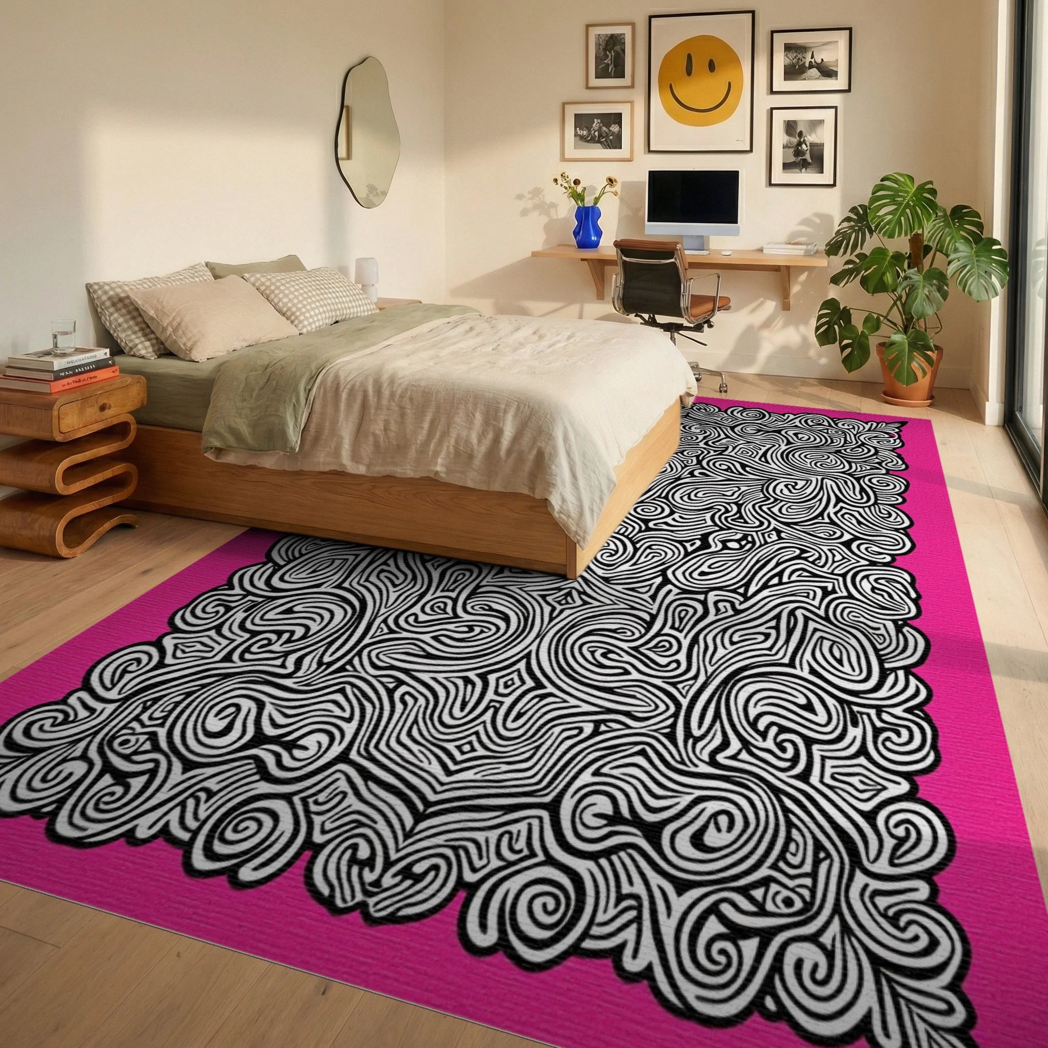 Pink Black Abstract Swirl Mandala Rug Bedroom View