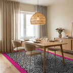 Pink Black Abstract Swirl Mandala Rug Dining Room View