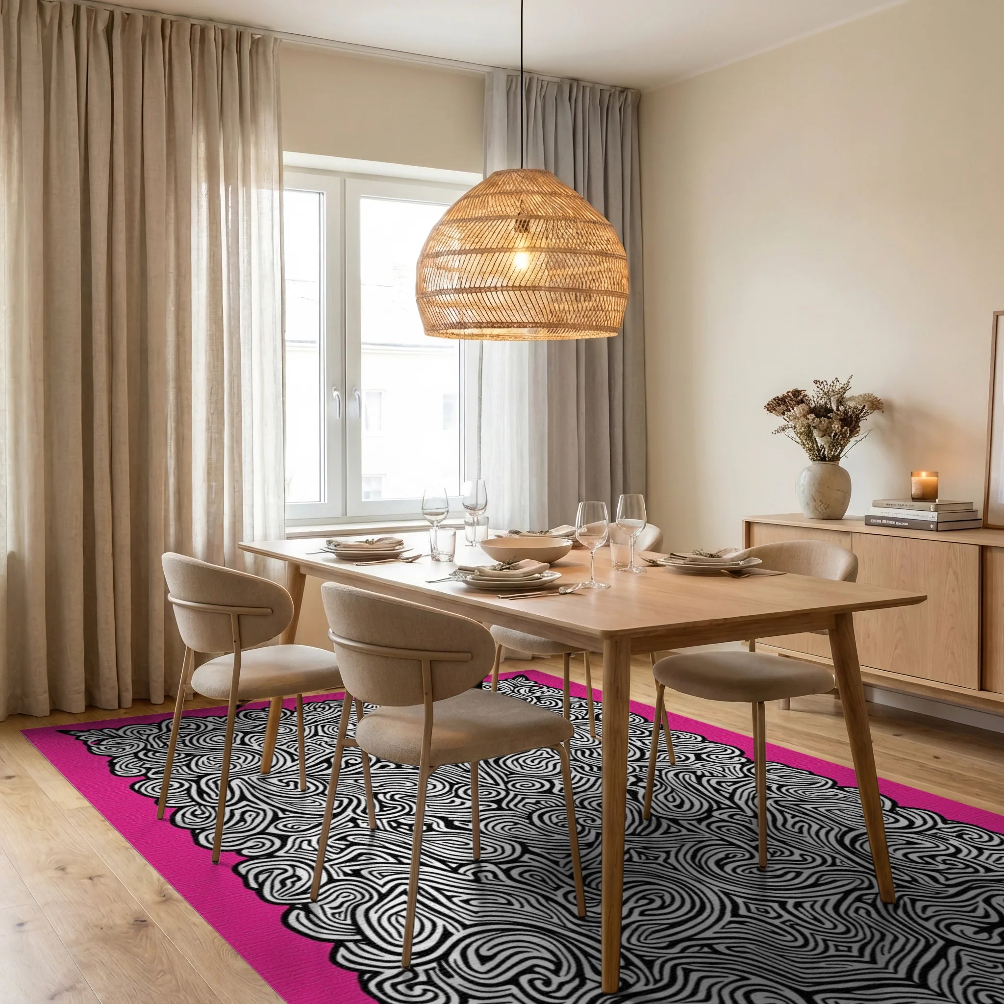 Pink Black Abstract Swirl Mandala Rug Dining Room View