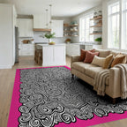 Pink Black Abstract Swirl Mandala Rug Living Room View