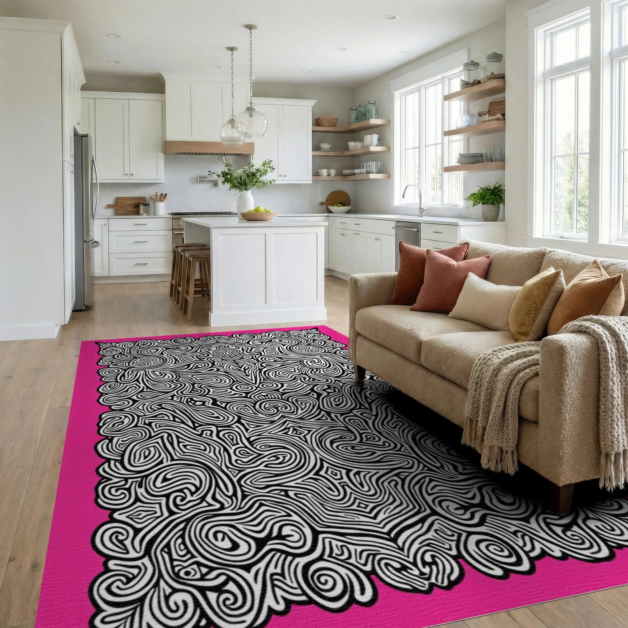 Pink Black Abstract Swirl Mandala Rug Living Room View