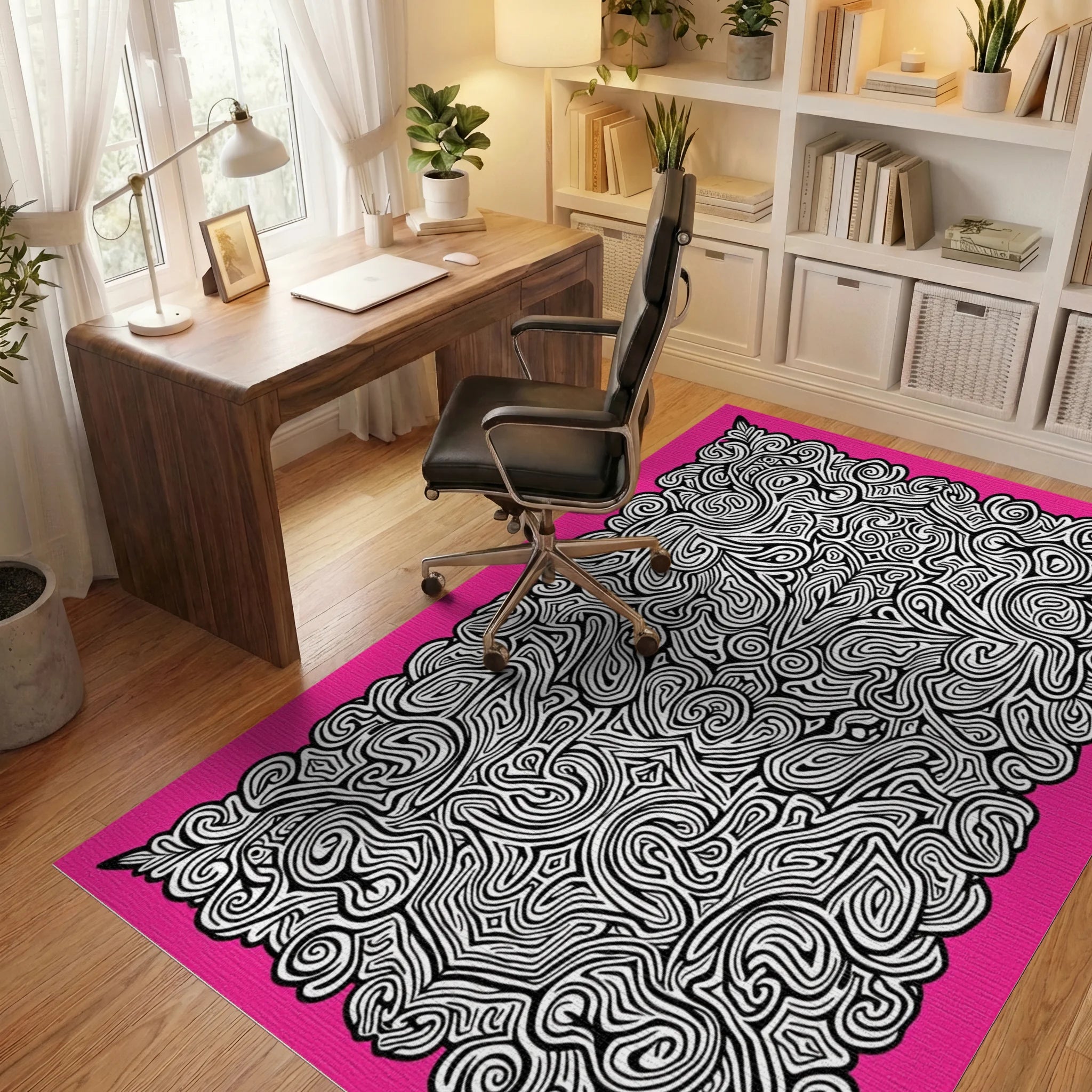 Pink Black Abstract Swirl Mandala Rug Office View