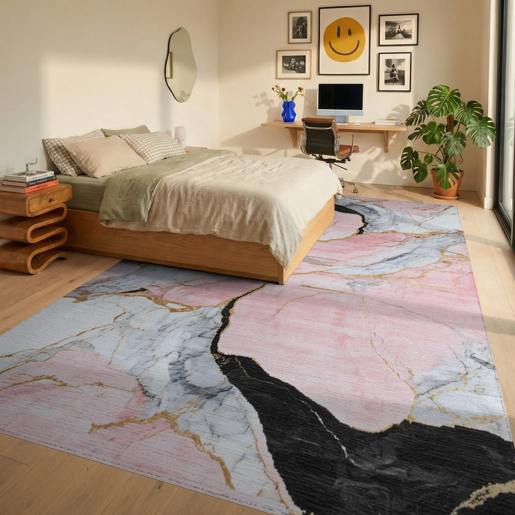 Pink Black Gold Veined Marble Rug - Bedroom View