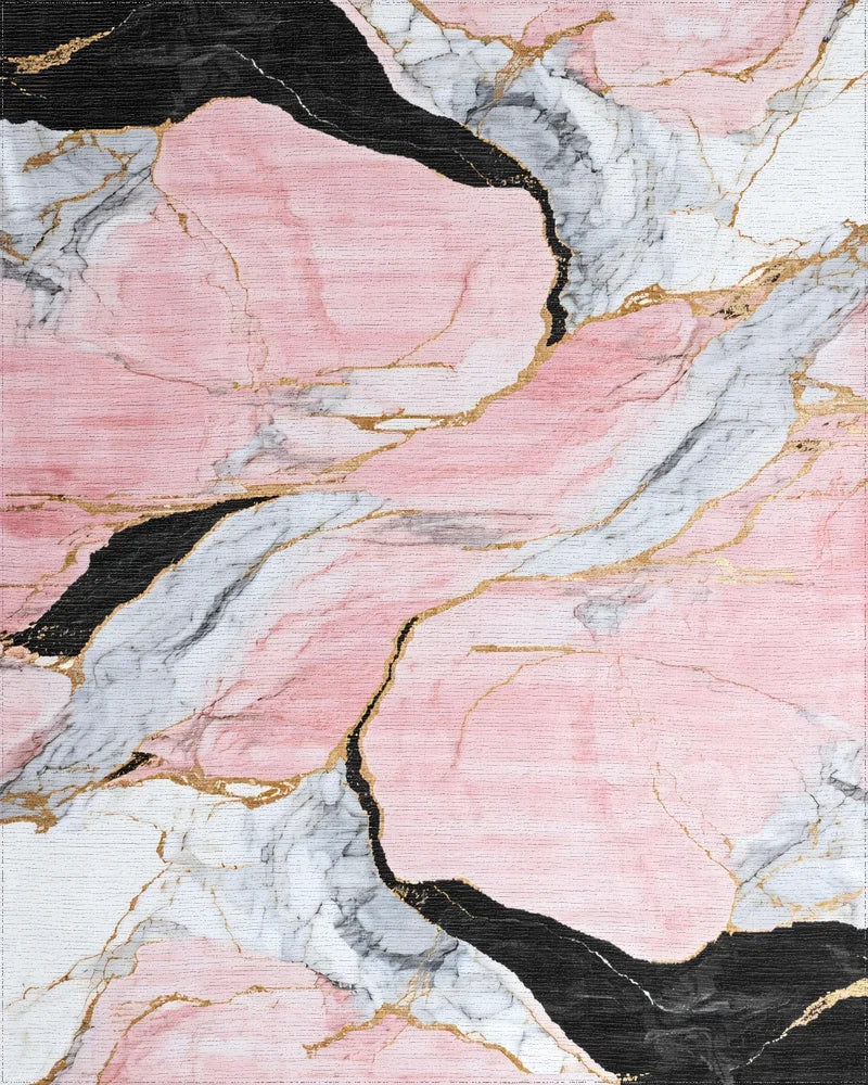 Pink Black Gold Veined Marble Rug - Cutout View