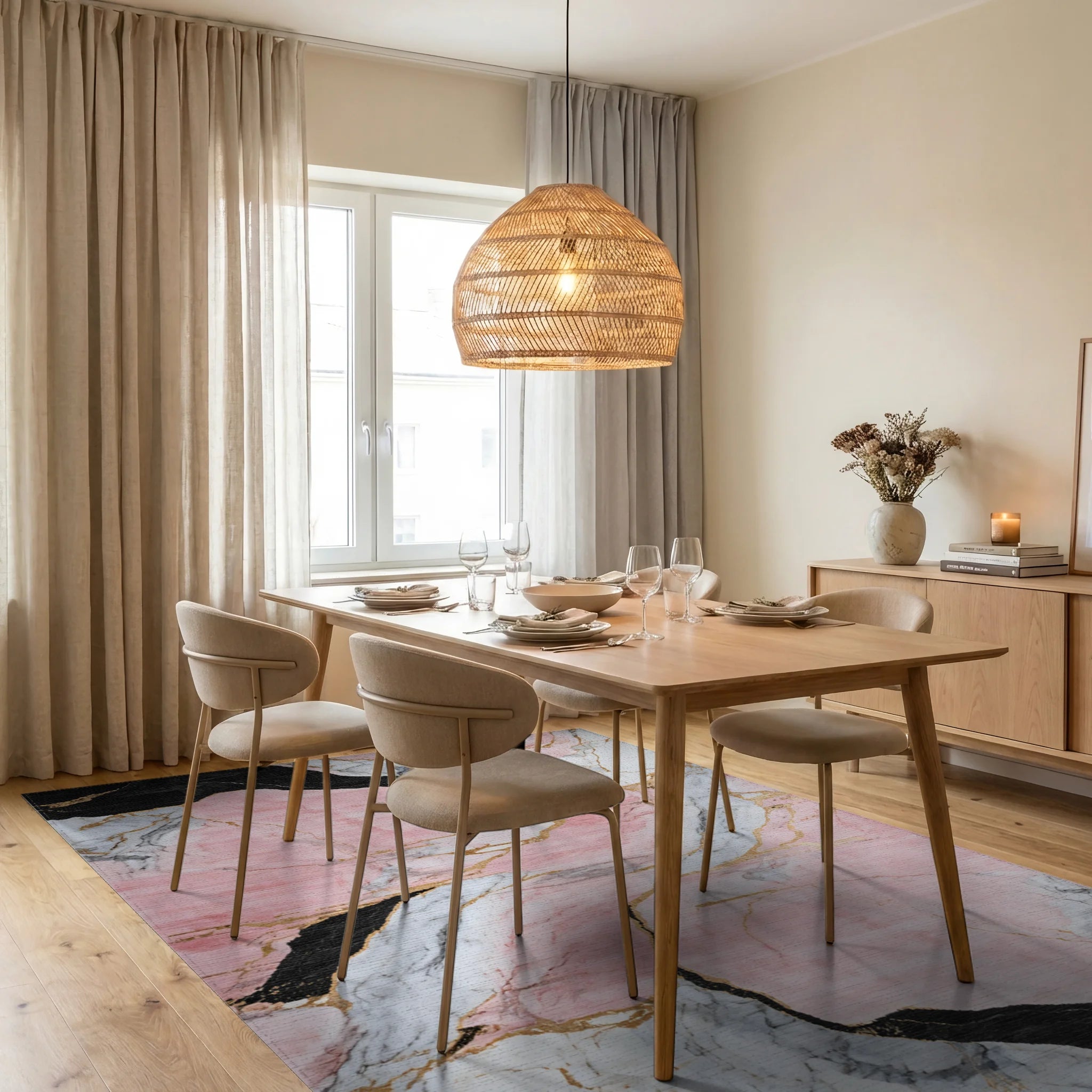 Pink Black Gold Veined Marble Rug - Dining Room View