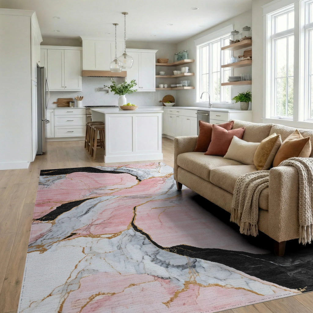 Pink Black Gold Veined Marble Rug - Living Room View