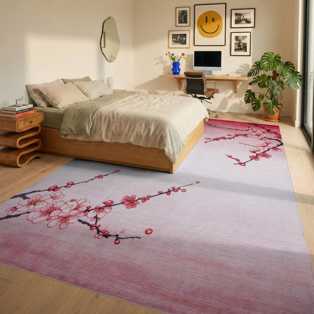 Pink Blossom Branch Gradient Rug - Bedroom View