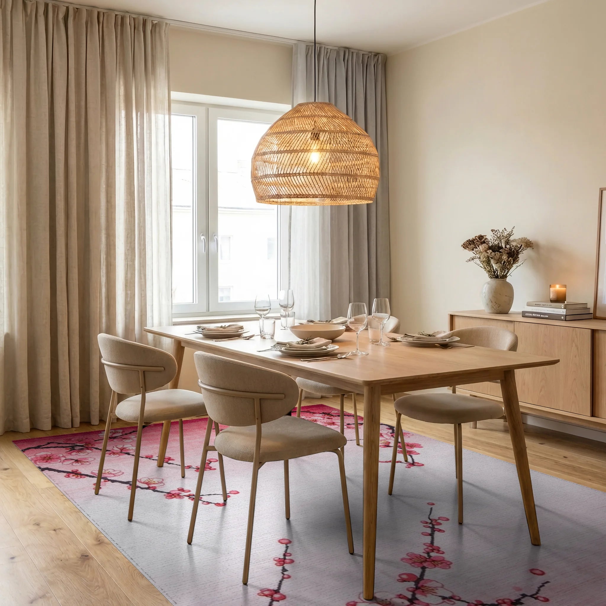 Pink Blossom Branch Gradient Rug - Dining Room View
