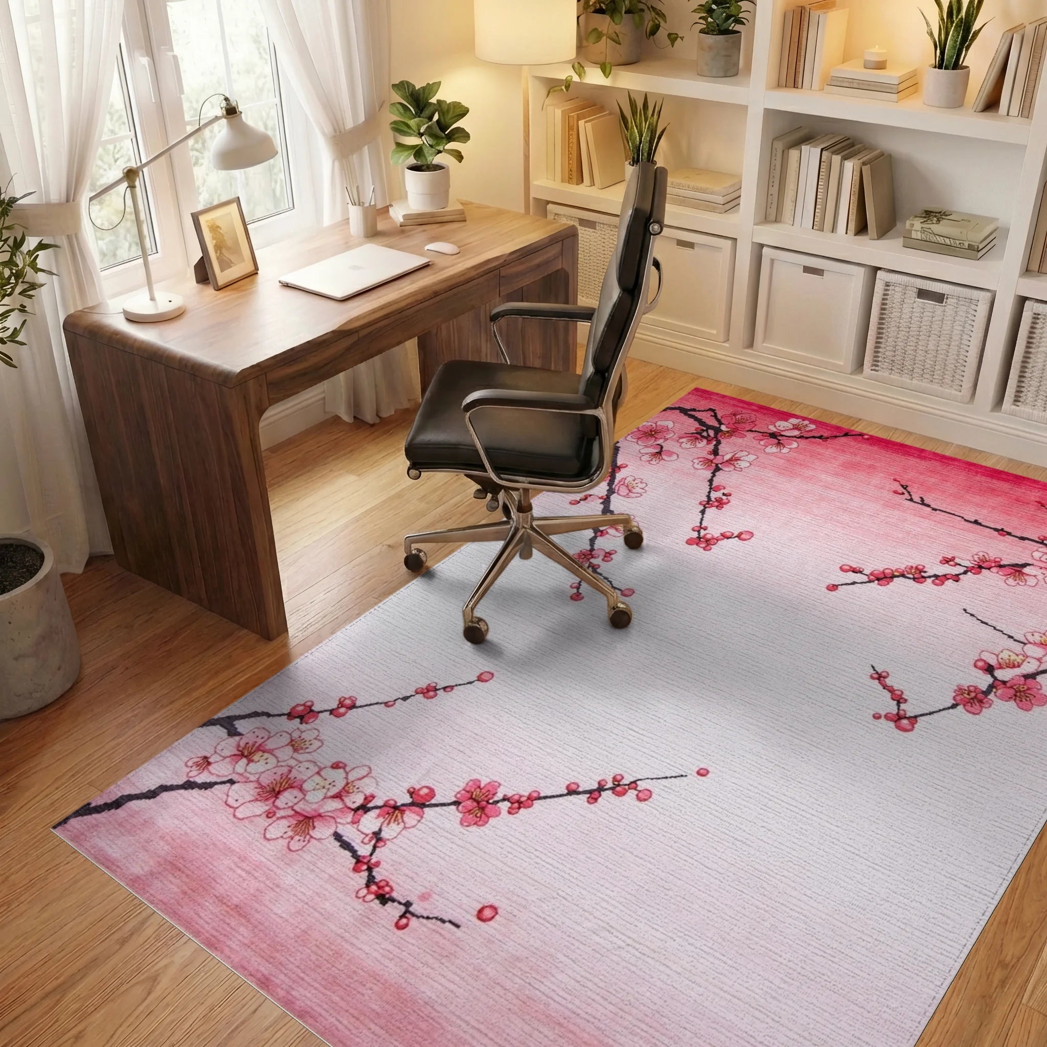 Pink Blossom Branch Gradient Rug - Office View