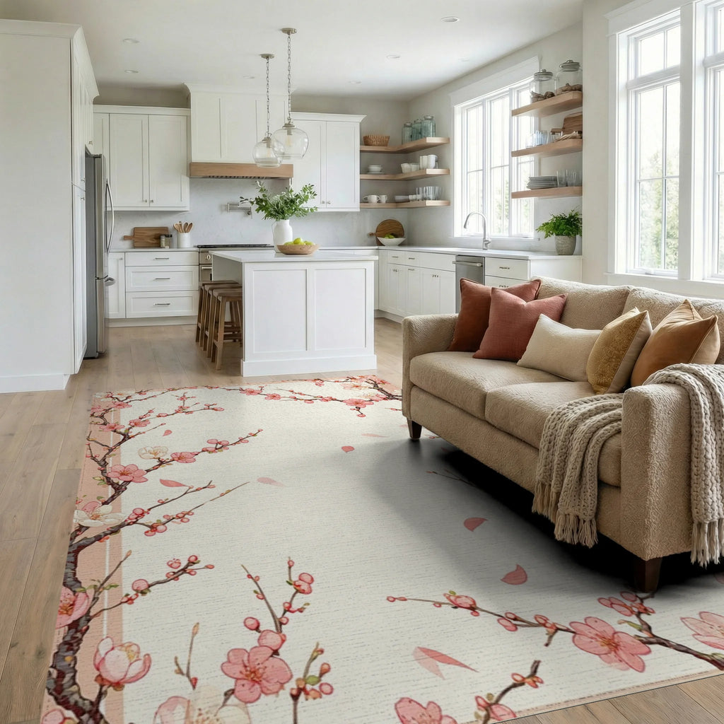 Pink Blossom Branch Pattern Design Rug Living Room View