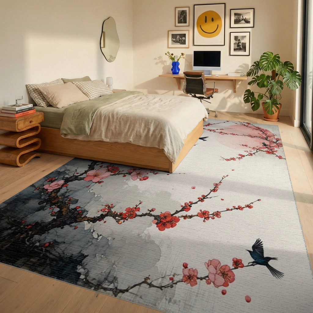 Pink Blossom Branches With Flying Birds Rug - Bedroom View