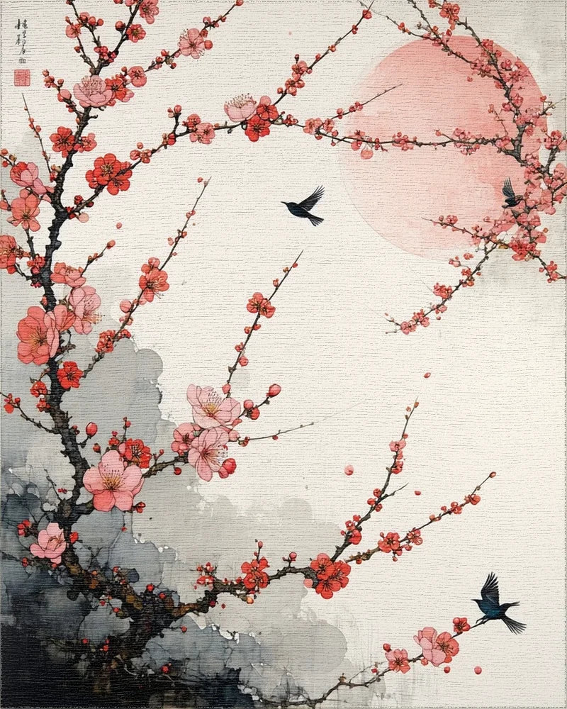 Pink Blossom Branches With Flying Birds Rug - Cutout View