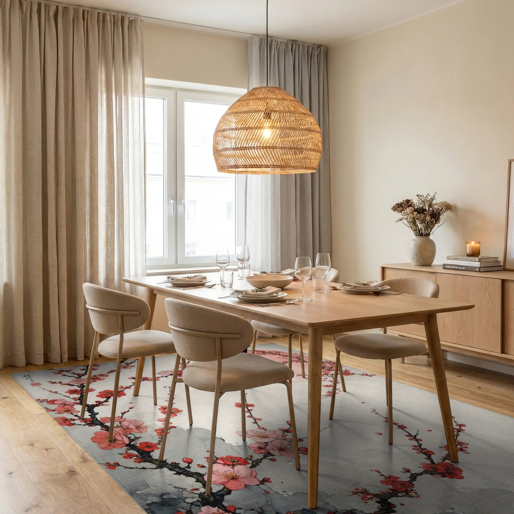 Pink Blossom Branches With Flying Birds Rug - Dining Room View