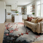 Pink Blossom Branches With Flying Birds Rug - Living Room View