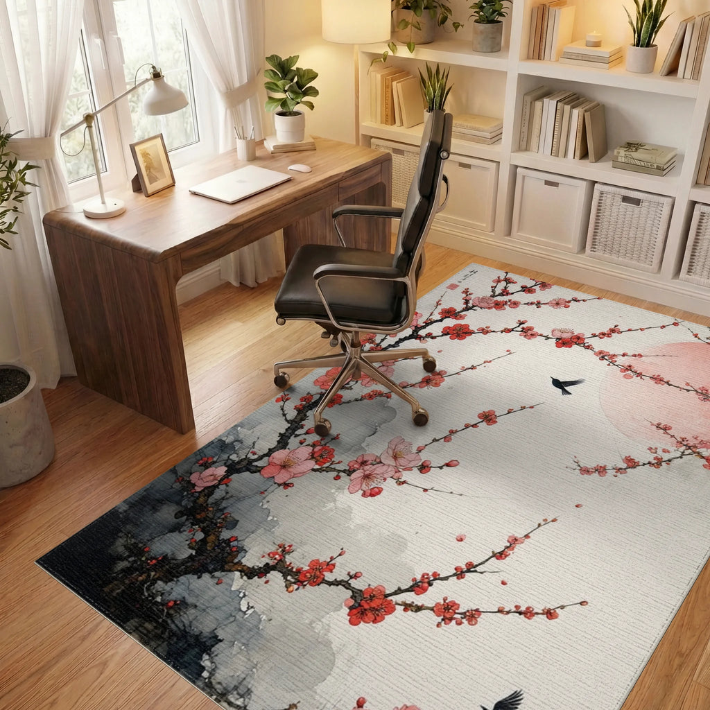 Pink Blossom Branches With Flying Birds Rug - Office View