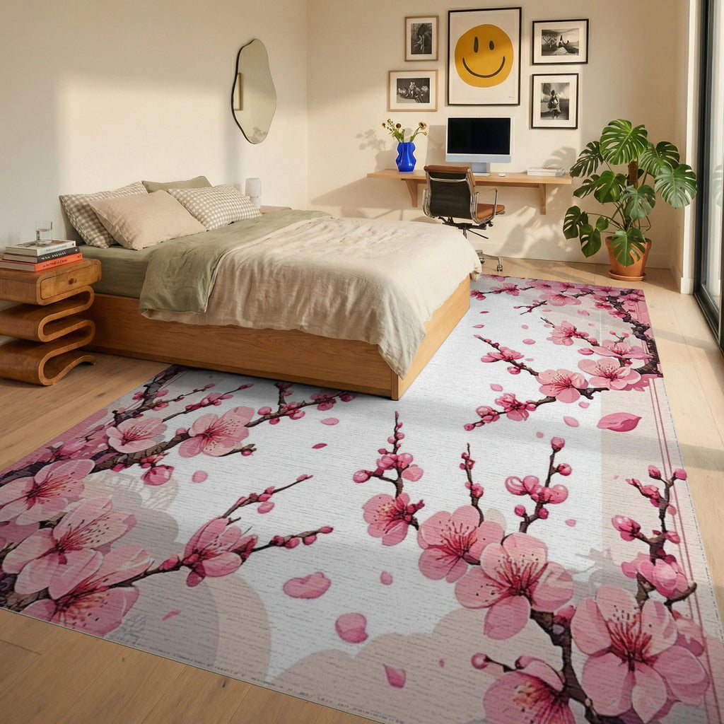 Pink Cherry Blossom Branches Rug - Bedroom View