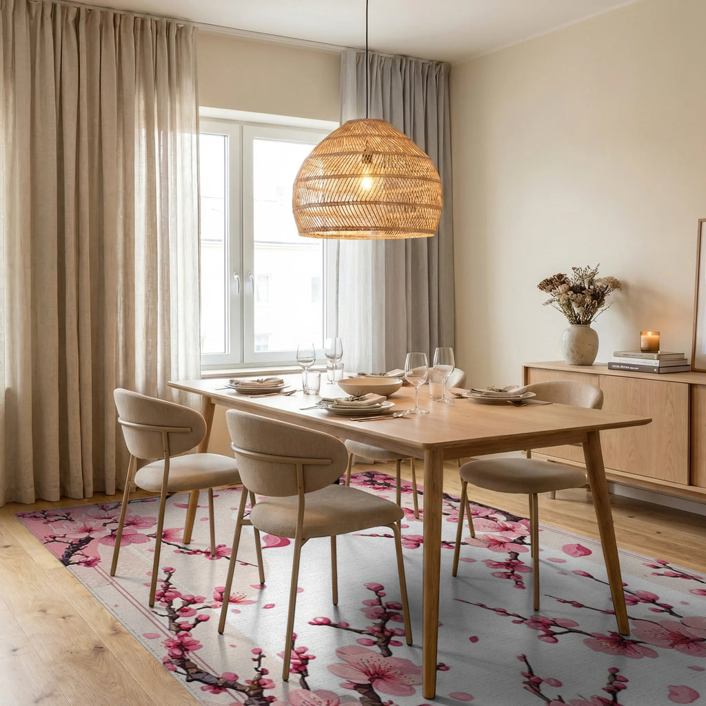 Pink Cherry Blossom Branches Rug - Dining Room View