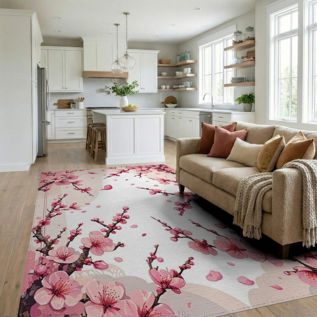 Pink Cherry Blossom Branches Rug - Living Room View