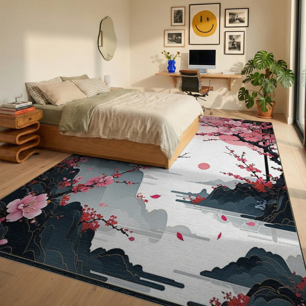 Pink Cherry Blossom Pagoda Sunset Rug - Bedroom View