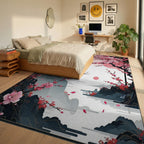 Pink Cherry Blossom Pagoda Sunset Rug - Bedroom View
