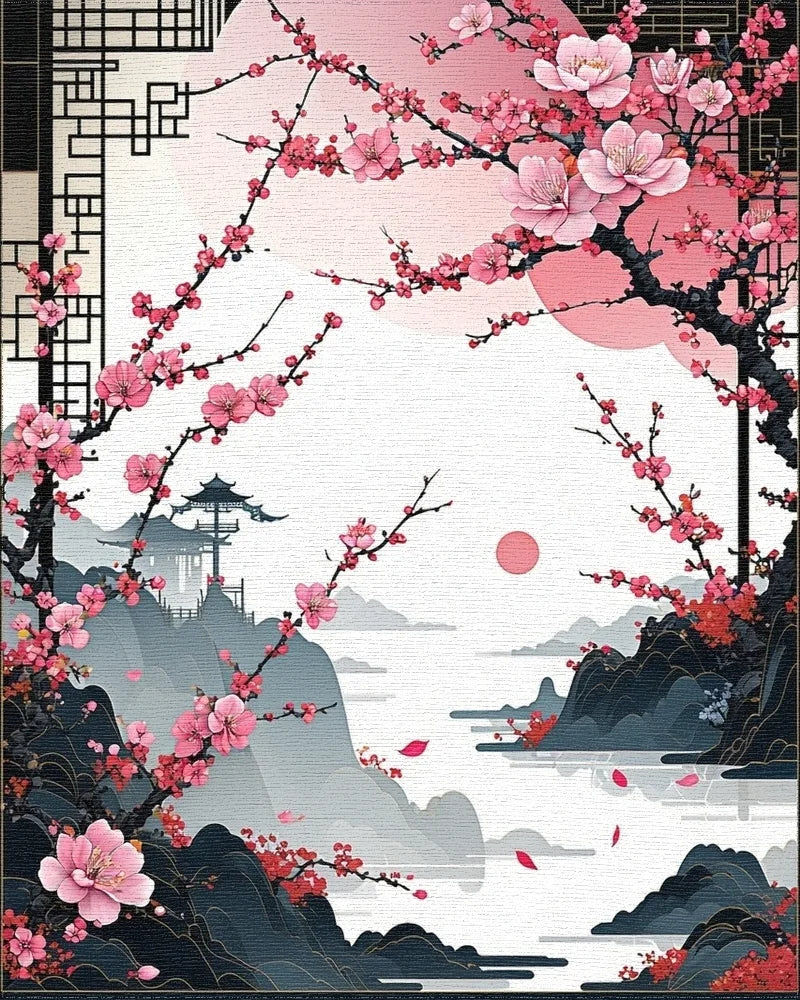 Pink Cherry Blossom Pagoda Sunset Rug - Cutout View