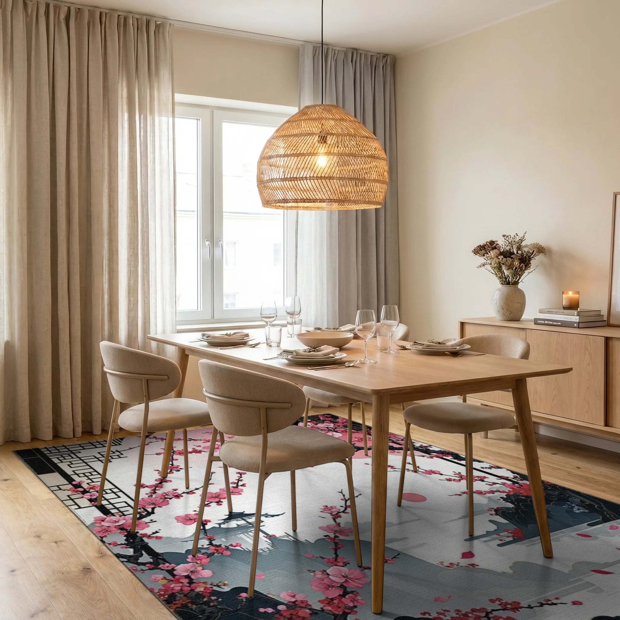 Pink Cherry Blossom Pagoda Sunset Rug - Dining Room View