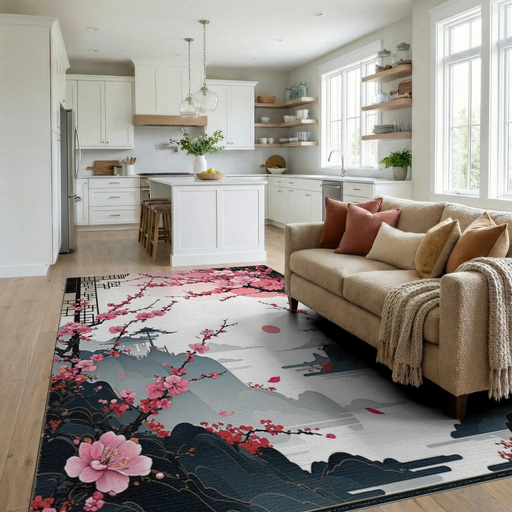 Pink Cherry Blossom Pagoda Sunset Rug - Living Room View