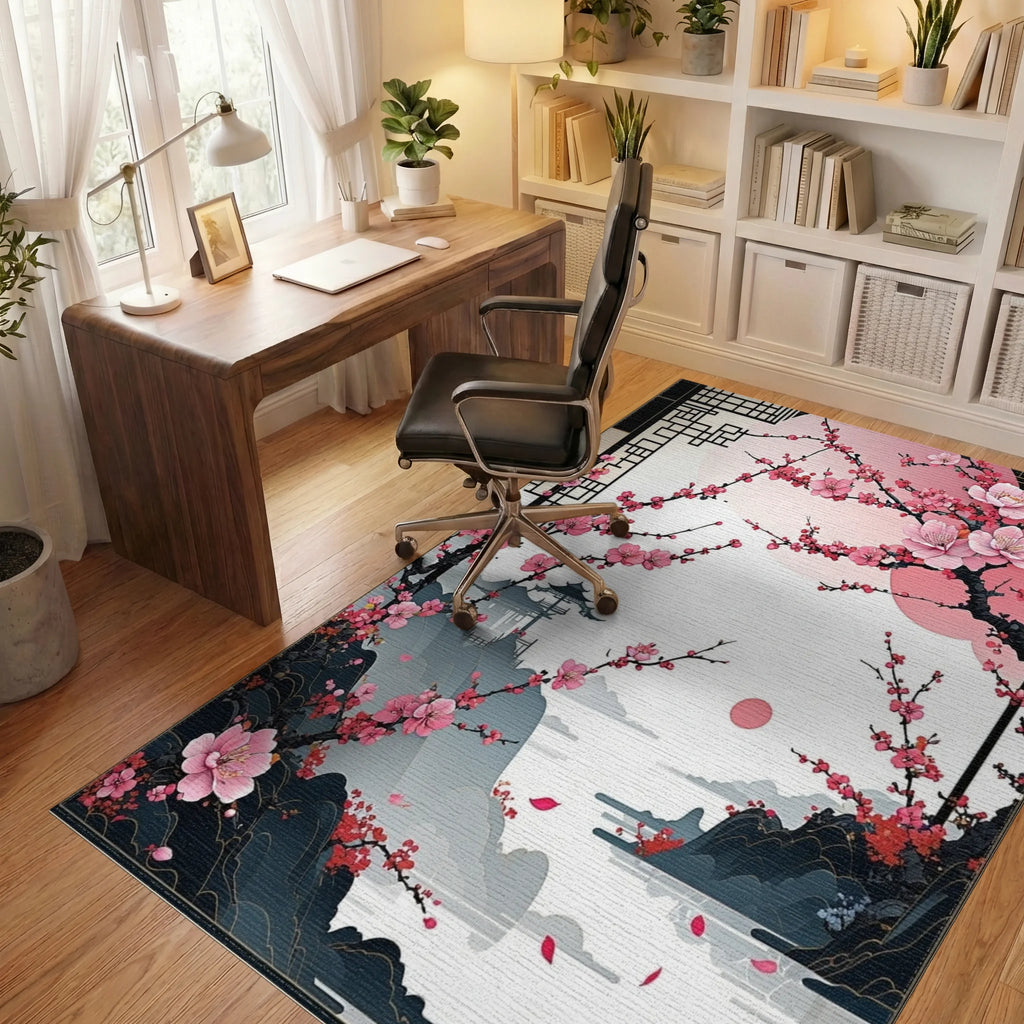 Pink Cherry Blossom Pagoda Sunset Rug - Office View