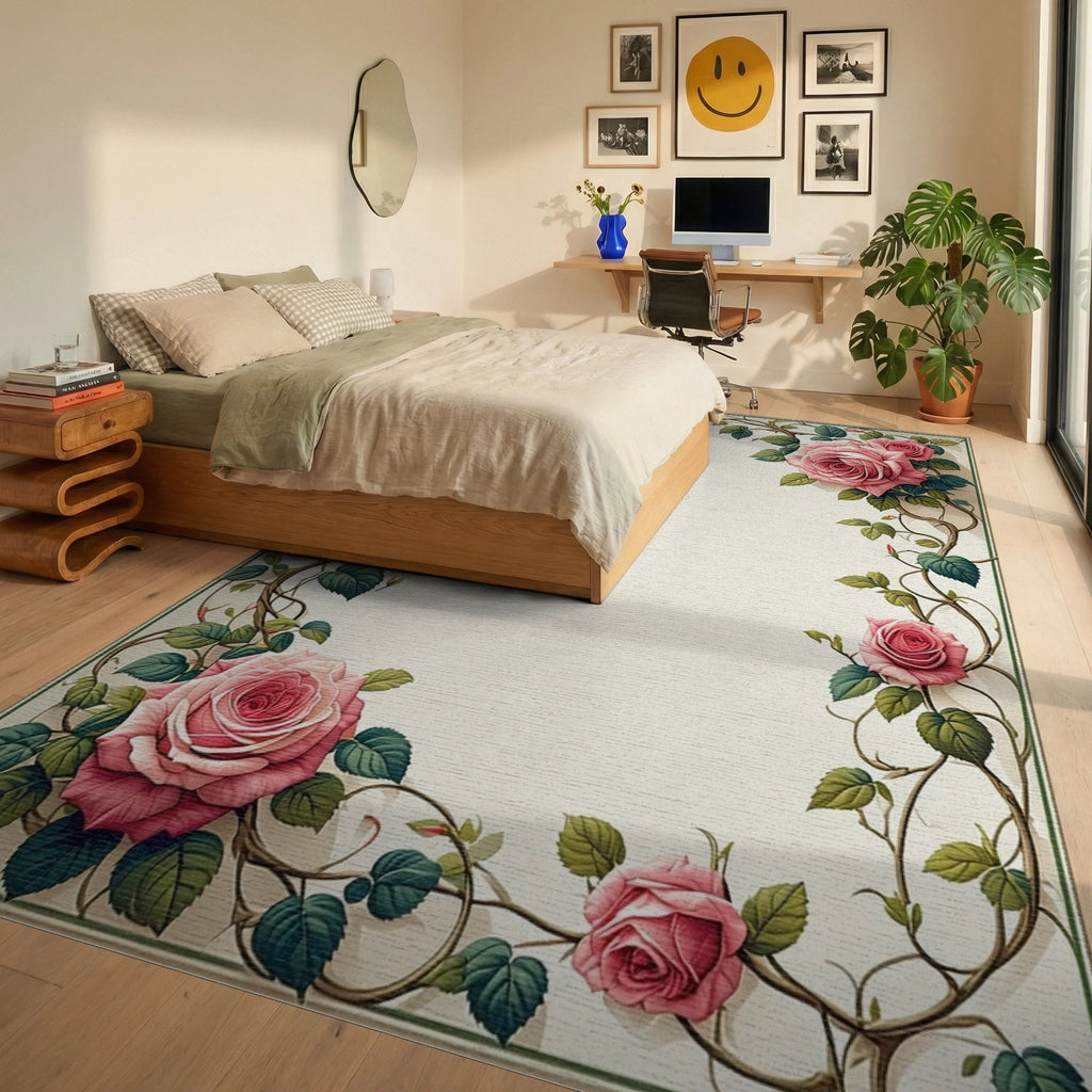 Pink Climbing Roses Vines Rug - Bedroom View