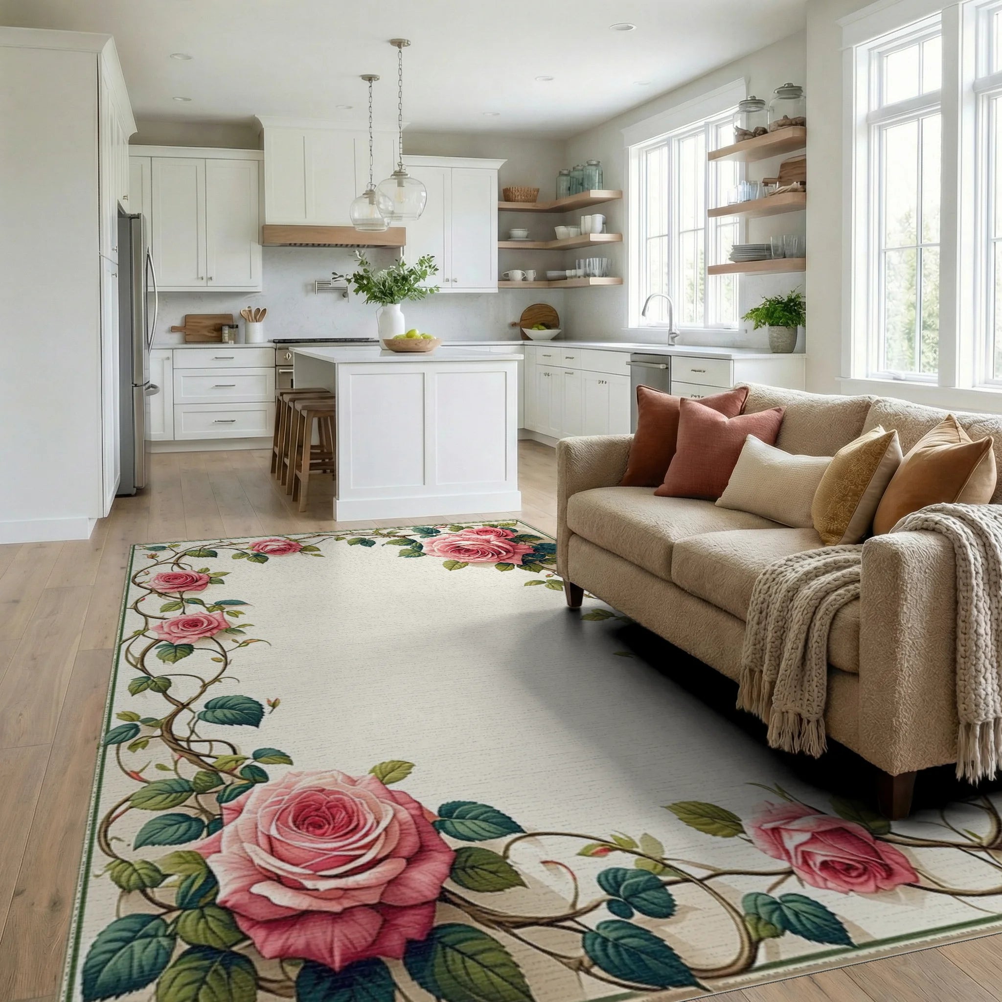 Pink Climbing Roses Vines Rug - Living Room View