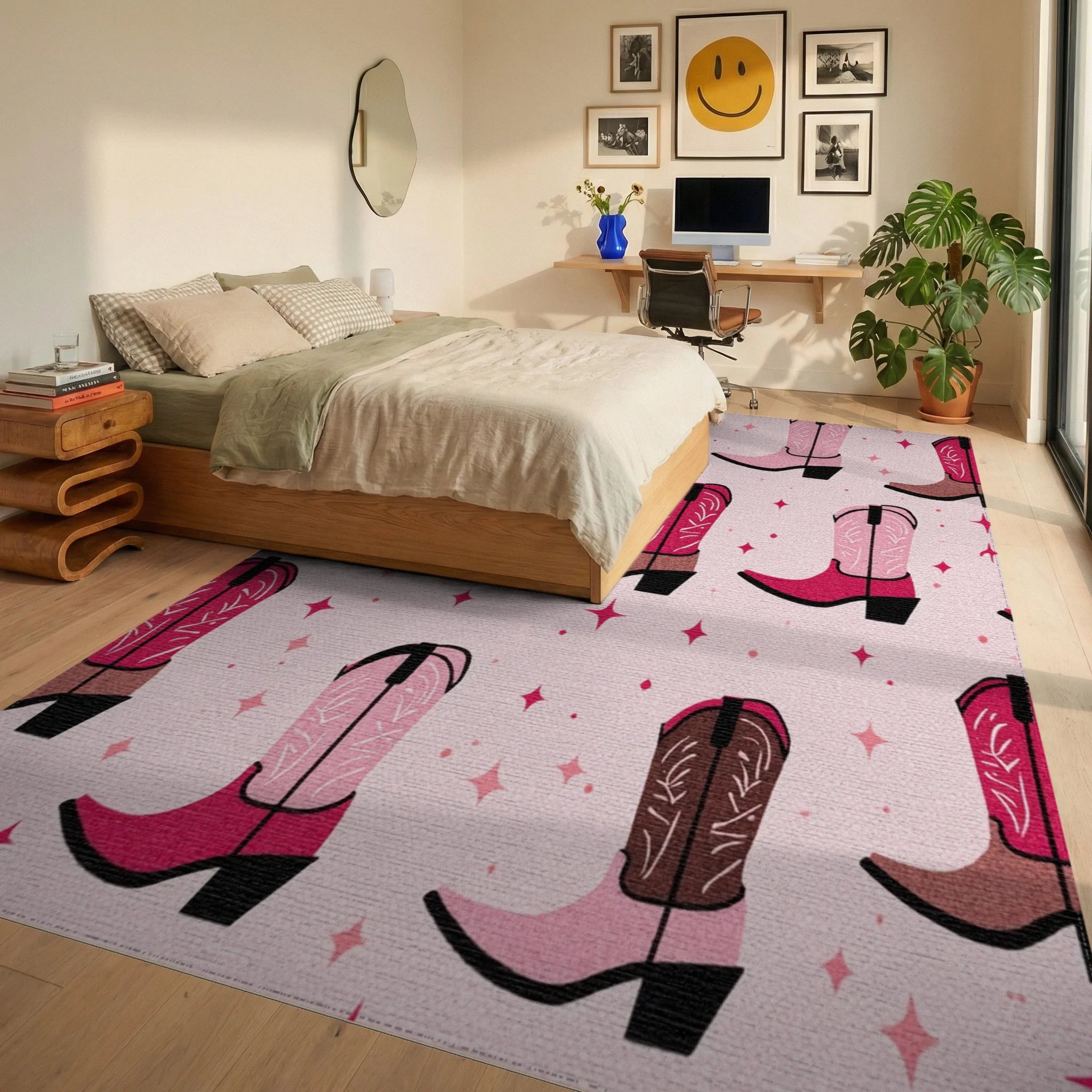 Pink Cowboy Boots Sparkle Rug - Bedroom View
