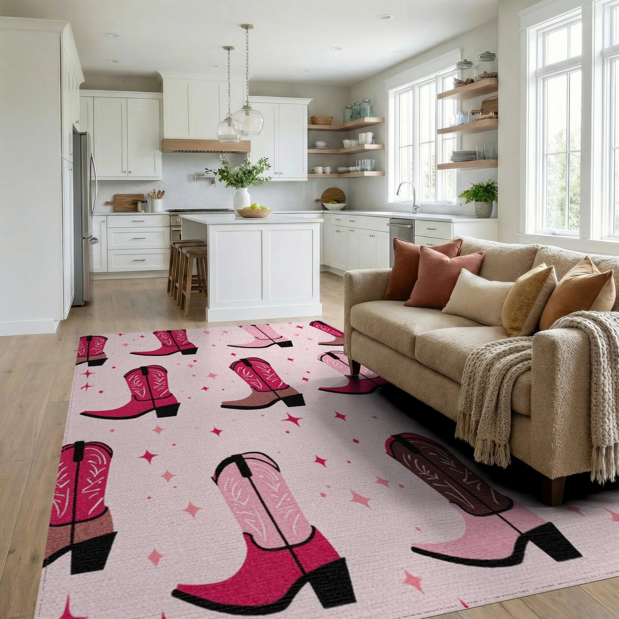Pink Cowboy Boots Sparkle Rug - Living Room View